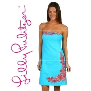 Lilly Pulitzer Bowen Strapless Dress in Turquoise Laroc Panel Embroidery 8